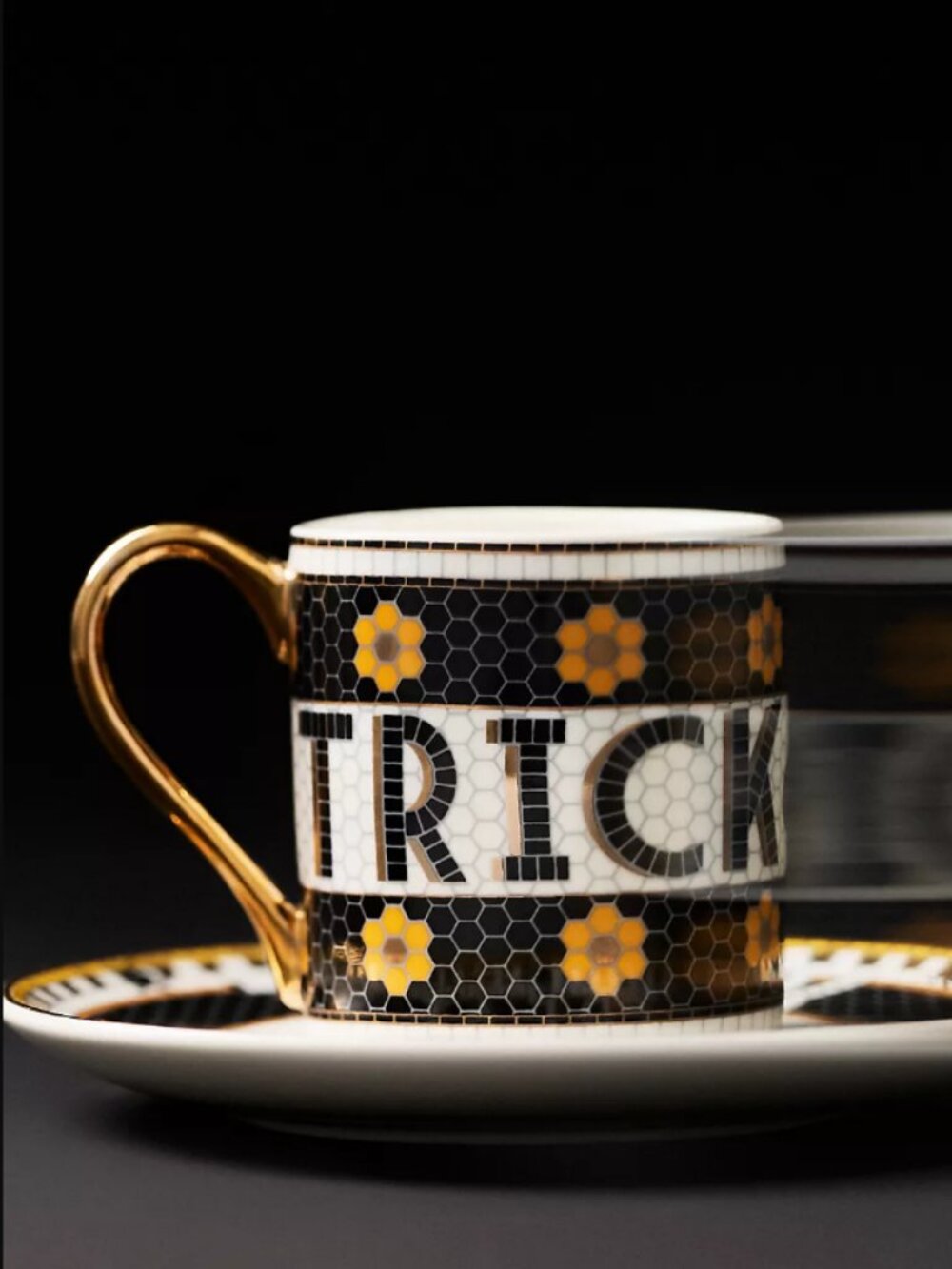 Anthropologie Bistro Tile 24K Gold Halloween Espresso Cup Saucer Trick Treat NEW